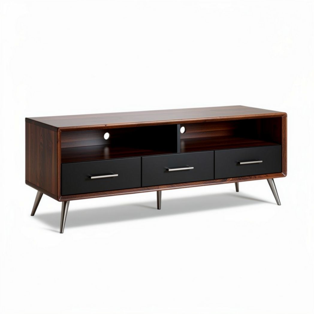 Meuble tv en bois foncé avec tiroirs et pieds en métal 150 x 40 x 50cm