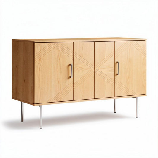 Buffet en bois avec portes en piquets et dessus en marbre 150 x 40 x 80cm