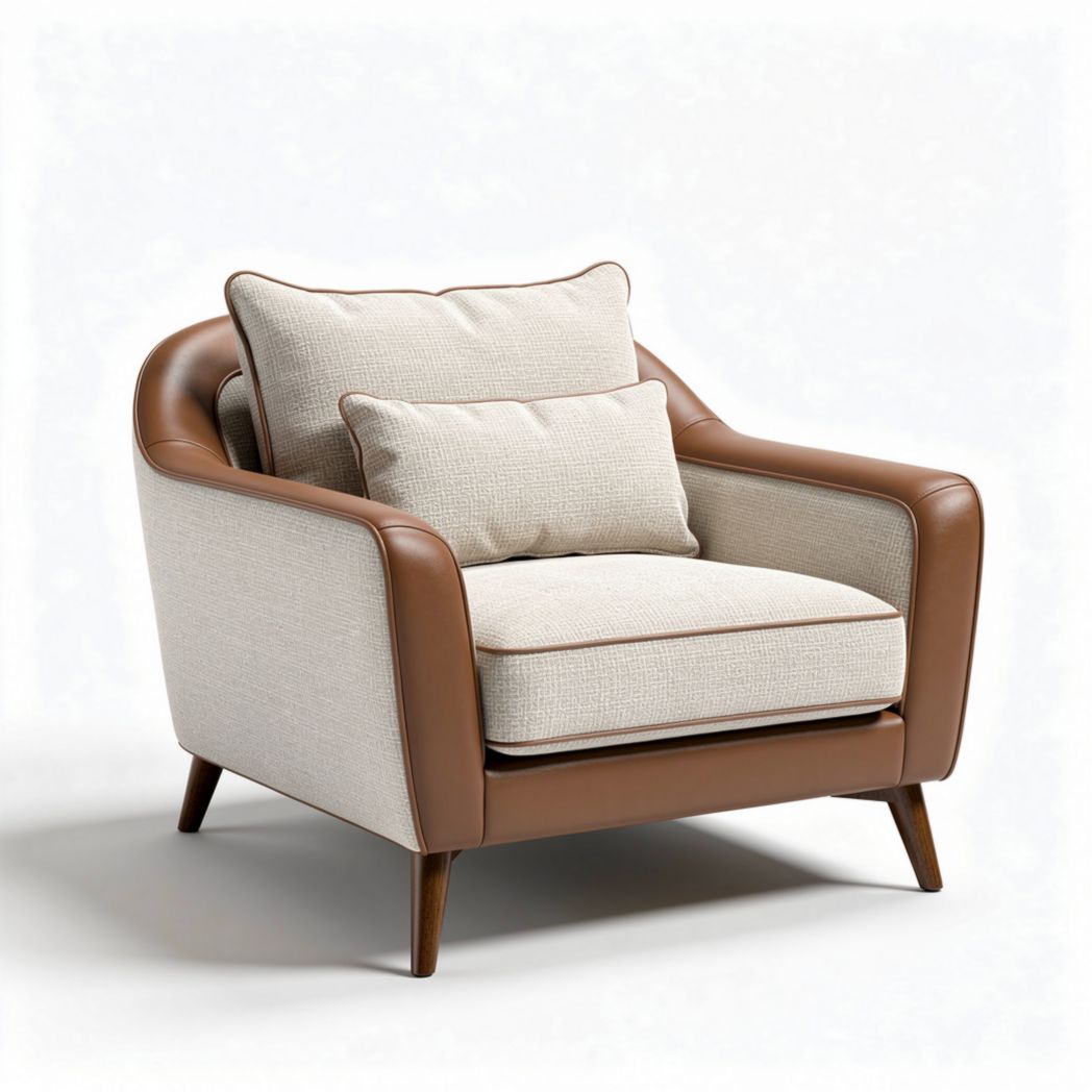 Fauteuil en tissu beige et cuir marron avec coussins 90 x 80 x 75 cm