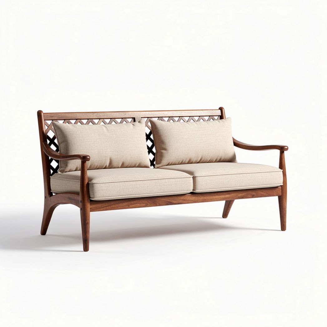 Canapé en bois foncé avec coussins en tissu beige 150 x 80 x 75cm