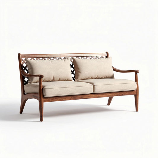 Canapé en bois foncé avec coussins en tissu beige 150 x 80 x 75cm