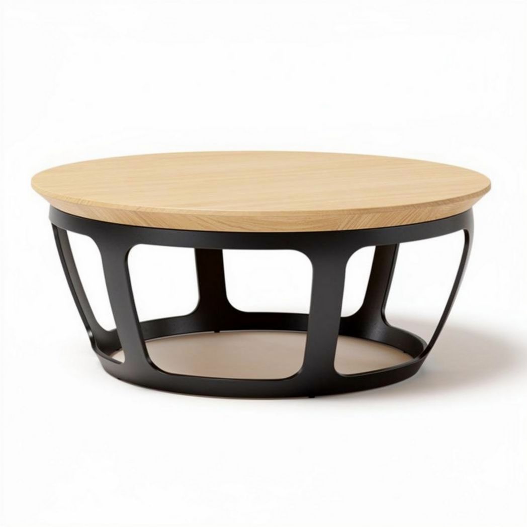 Table basse ronde en bois et métal noir 80 x 80 x 35 cm