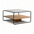 Table basse en verre et bois avec structure en métal 80 x 80 x 40cm