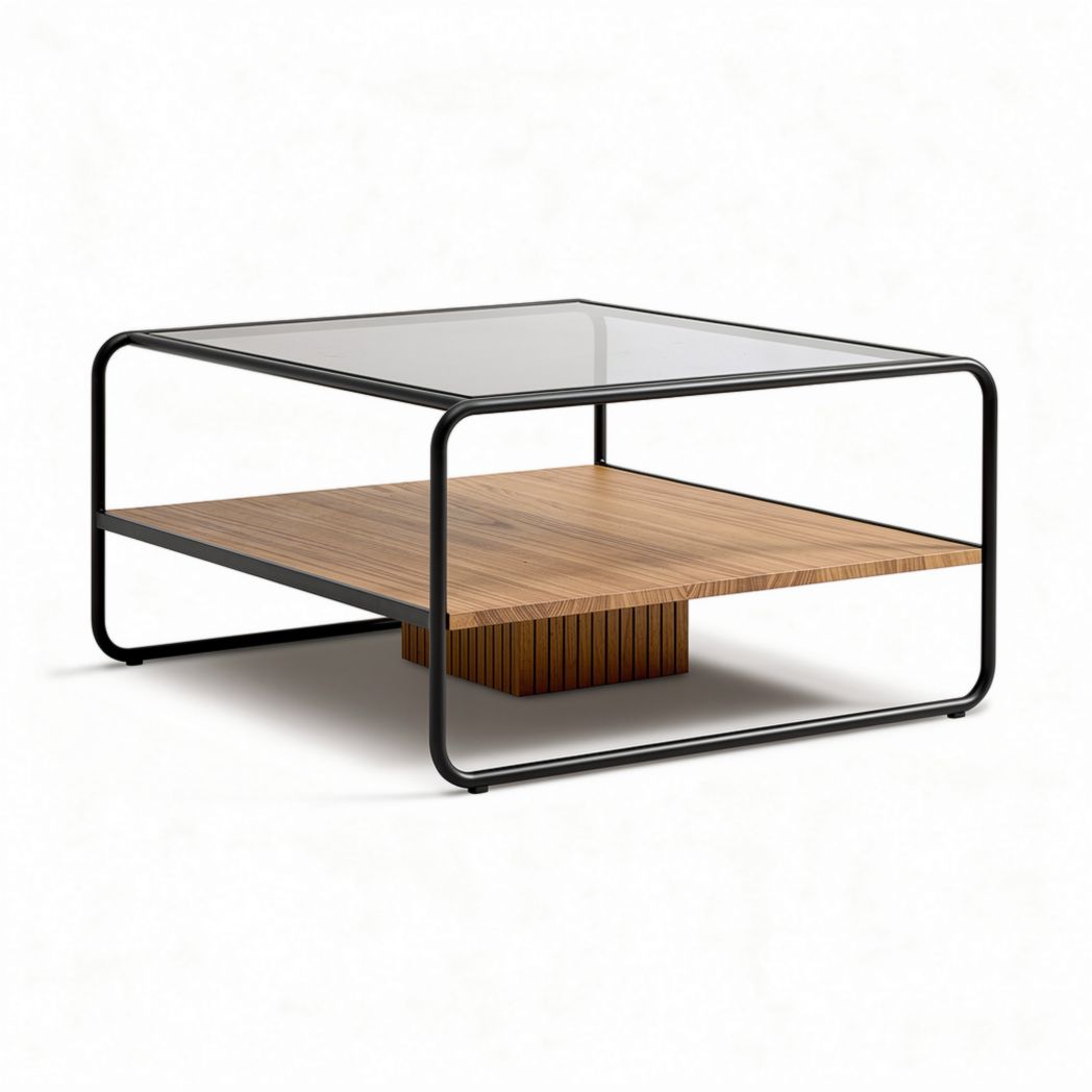 Table basse en verre et bois avec structure en métal 80 x 80 x 40cm
