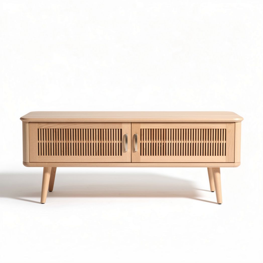 Meuble TV en bois naturel avec portes en bois perforé 120 x 40 x 45cm