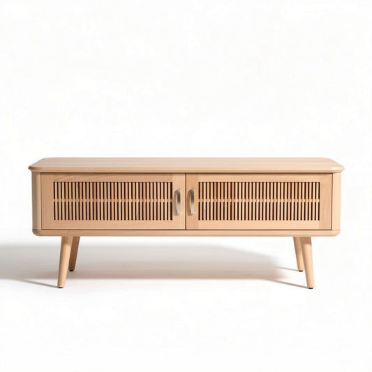 Meuble TV en bois naturel avec portes en bois perforé 120 x 40 x 45cm