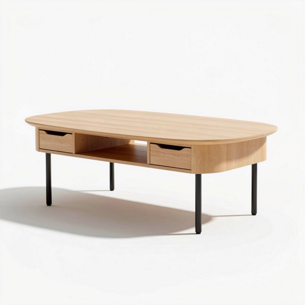 Table basse en bois de chêne avec tiroirs 120 x 60 x 45cm finition naturelle