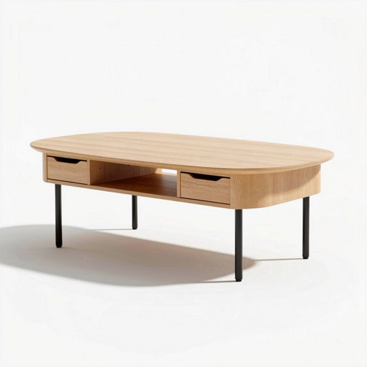 Table basse en bois de chêne avec tiroirs 120 x 60 x 45cm finition naturelle